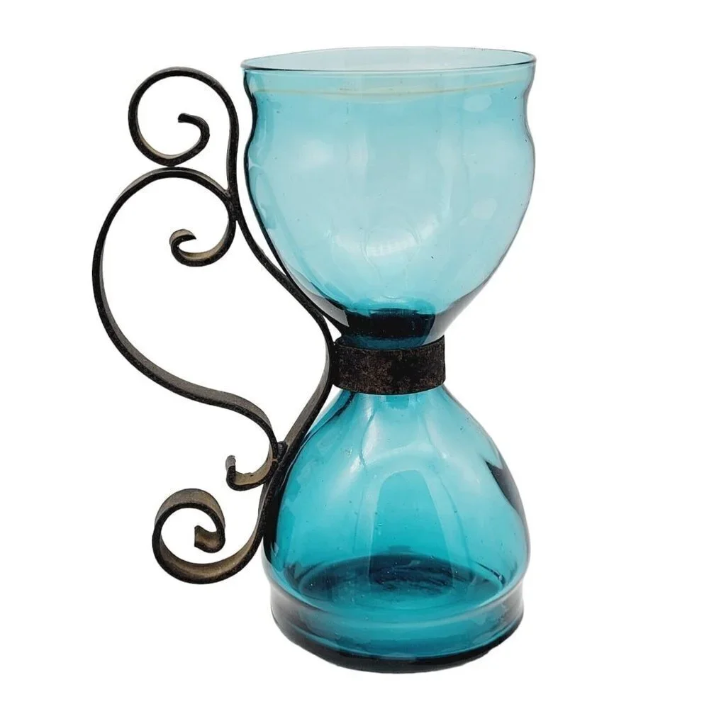 Vintage Aqua Blue Hourglass Shape Taper Candle Holder Wrought Iron Handle